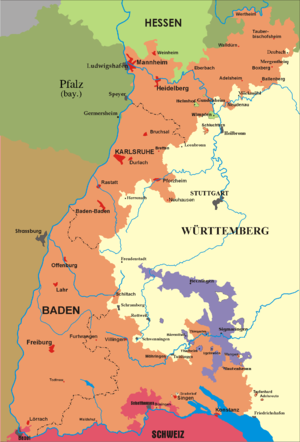 Kaart van die voormalige groothertogdom Baden in Duitsland.
